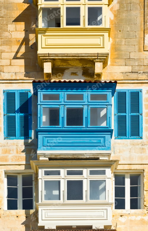 Preview: Building With Traditional Colorful Maltese Balcony In Historical Part Of Valletta. Windows On The