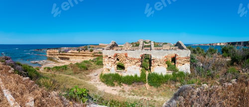 Preview: Ruins On Massolivieri On Summer Sea Coast (Siracusa, Sicily, Italy). Two Shots Stitch Panorama.