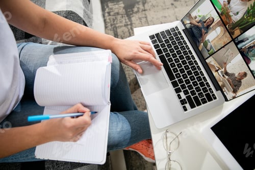 Preview: Meeting Online, Education. Remote Working From Home. Workplace In Home Office On Sofa With Laptop