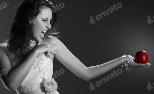 Preview: Portrait Of A Bride With A Red Apple On A Yellow Background
