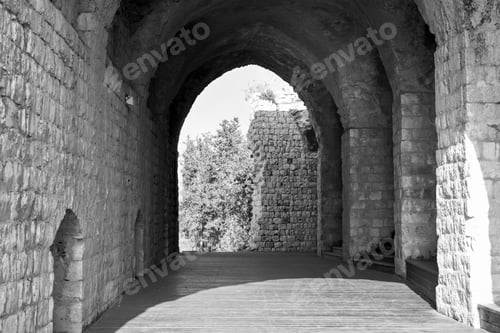 Preview: Remnants Of Crusader Castle In Israel. The Yehiam Fortress, National Park Of Israel. Black And