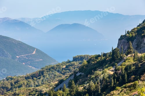 Preview: Misty Summer Hilly Coast Panorama (Greece, Lefkada). View From Up.