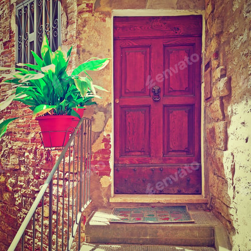 Preview: Porch Decorated With Flowers Of The Old Buildings In Italian City, Instagram Effect