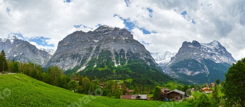 Preview: Summer Mountain Country Panorama With Snow On Rock Top (Switzerland)