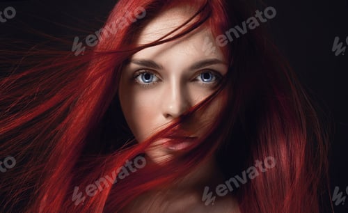 Preview: Sexy Beautiful Redhead Girl With Long Hair. Perfect Woman Portrait On Black Background. Gorgeous