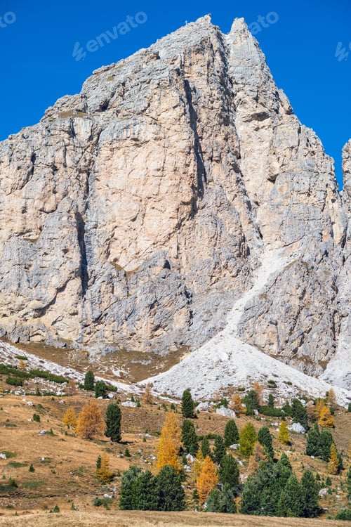 Preview: Autumn Alpine Dolomites Mountain Scene, Sudtirol, Italy. Peaceful View Near Gardena Pass