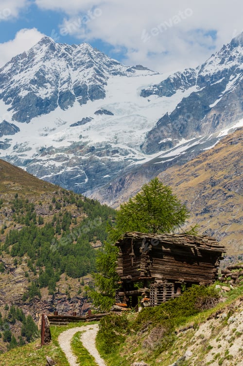 Preview: Summer Alps Mountain Plateau With Wooden Barn (Switzerland, Near Zermatt)