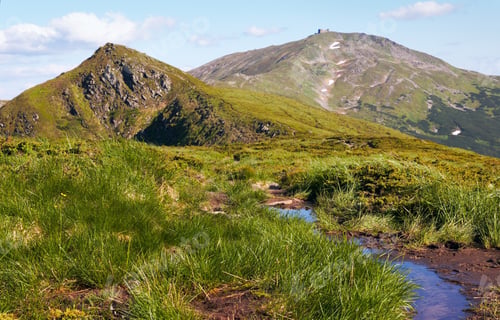 Preview: Summer Mountain View With Small Puddle On Path (With Observatory Ruins On Chornogora Ridge, Ukraine)