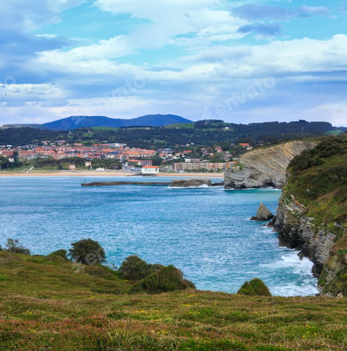 Preview: Summer Ocean Bay Coastline View And Gorliz Town On Shore, Biscay, Basque Country (Spain).