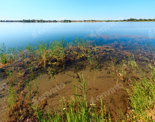 Preview: Picturesque Summer Lake Calm Rushy Shore. Concept Of Tranquil Country Life, Eco Friendly Tourism