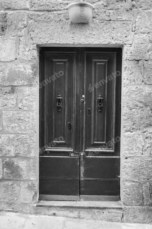 Preview: Building With Traditional Maltese Door In Historical Part Of Valletta. Entrance To An Abandoned