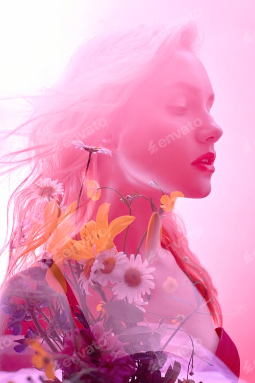 Preview: Woman With Flowers Inside, Double Exposure. Blonde Girl In Lingerie On Crimson Background, Dreamy