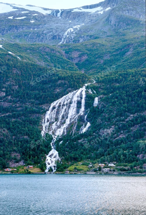 Preview: Beautiful Evening Hardangerfjord View With Waterfall (Odda, Norway).