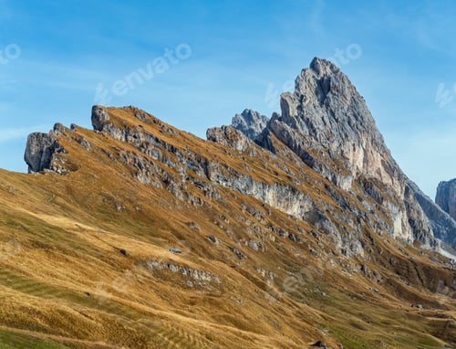 Preview: Picturesque Autumn Alps Mountain Scene, Famous Italian Dolomites Seceda Rock, Sass Rigais