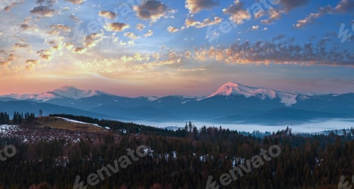 Preview: Early Morning Spring Carpathian Mountains Plateau Landscape With Snow-Covered Ridge Tops In Far
