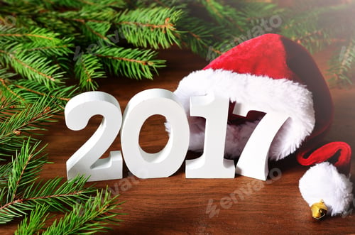 Preview: Year 2017 White Figures In Santa Hat, Spruce Branch And Christmas Decorations