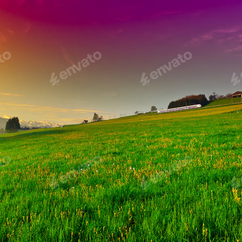 Preview: Pasture Along The Railroad In Switzerland, Sunset, Instagram Effect