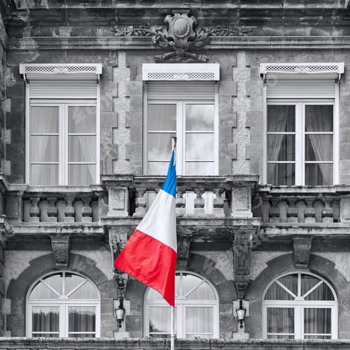 Preview: French Flag At Facade Of Historic Building In The City Of Mende, Retro Image Filtered Style