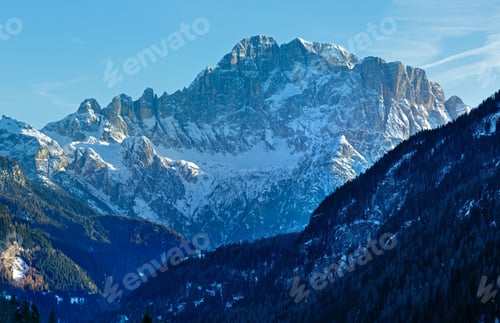 Preview: Beautiful Winter Mountain Landscape With Fir Forest On Slope (Falzarego Pass , Italy).