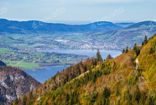 Preview: Picturesque Autumn Alps Mountain Lakes View From Schafberg Viewpoint, Salzkammergut, Upper Austria