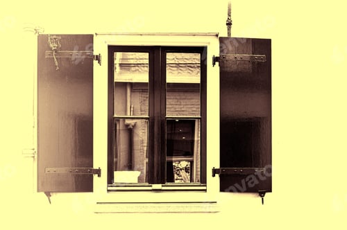 Preview: Window With Shutters In The Wall Of A House In Holland. Typical Dutch House With Windows Painted In