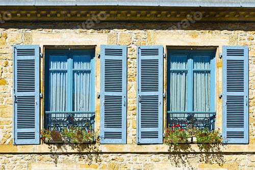 Preview: French Windows With Open Wooden Shutter Decorated With Fresh Flowers