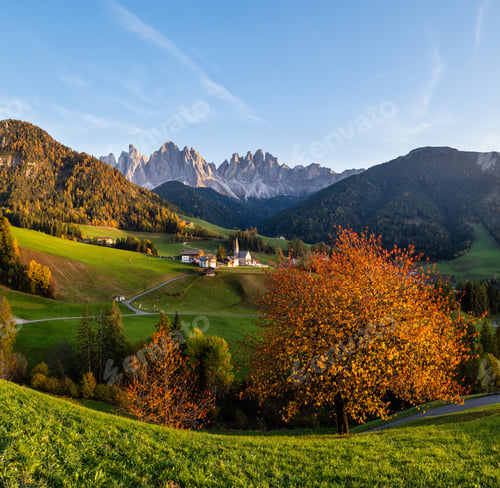 Preview: Autumn Evening Santa Magdalena Famous Italy Dolomites Village View In Front Of The Geisler Or Odle