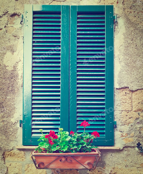 Preview: Italian Window With Closed Wooden Shutters, Decorated With Fresh Flowers, Instagram Effect