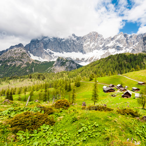Preview: Austrian Village Surrounded By Forests, Meadows, Fields And Pastures On The Background Of