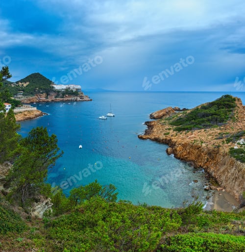Preview: Sea Bay Summer View With Conifer Trees In Front. Costa Brava, Catalonia, Spain. Three Shots Stitch