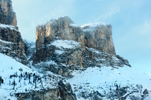 Preview: Morning Winter Rocky Mountain Landscape. Gardena Pass In Dolomites Of South Tyrol In Northeast