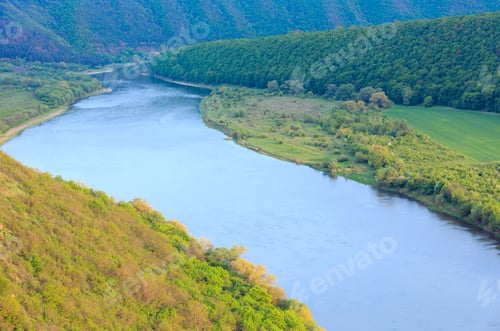 Preview: Top Picturesque Spring View Of The Dnister River Bend Canyon, With Spring Fields On Coast. Ternopil