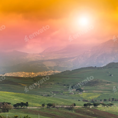 Preview: A Medieval City In The Mountains Of Sicily. Sicilian Landscape At Sunrise, Hills, Fields, Flowers