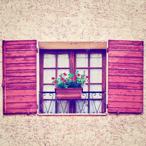 Preview: French Window With Open Wooden Shutters, Decorated With Fresh Flowers, Instagram Effect