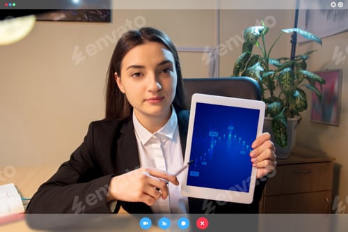 Preview: Graphs Increasing. Young Woman Working In Videoconference With Co-Workers At Office Or Living Room