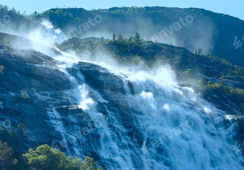 Preview: Summer Mountain Langfossen Waterfall On Slope (Etne, Norway).