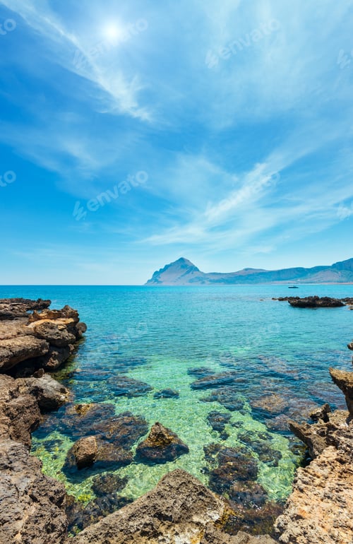 Preview: Azure Tyrrhenian Sea Sunshiny Picturesque Bay, Monte Cofano Mount And Cala Di Punta Lunga Rocky