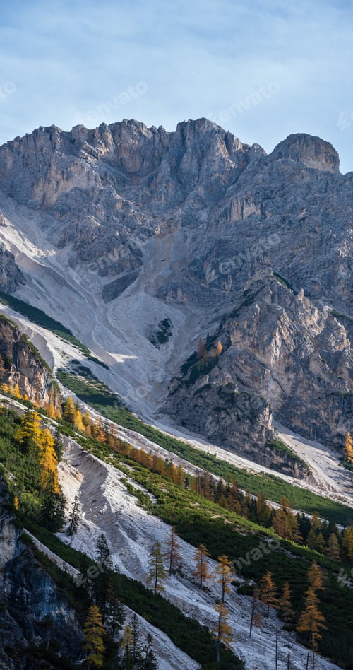 Preview: Colorful Autumn Evening Alpine Rock Scene. View From Hiking Path Near Lake Braies Or Pragser