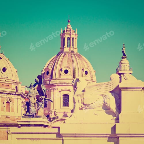 Preview: Domes Of Catholic Cathedrals In Rome, Retro Effect