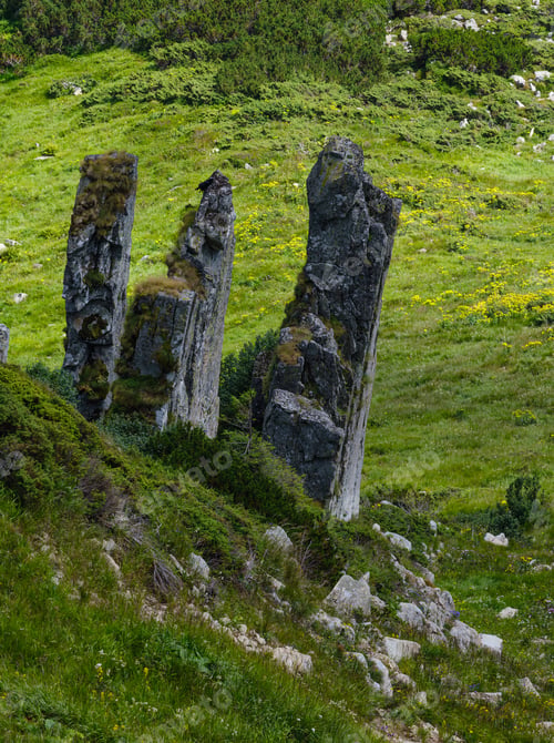 Preview: Summer Mountain Slope With Picturesque Rock Formations. Shpyci Mountain, Carpathian, Ukraine.