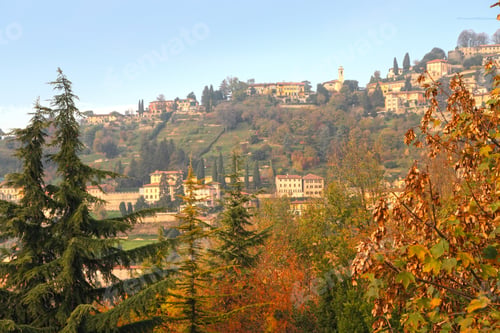 Preview: Panoramic View Of Bergamo City Fortification And Hills In Autumn, Lombardy, Italy