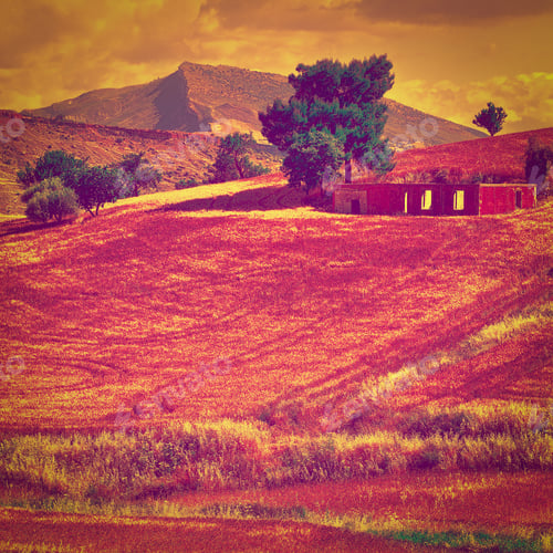 Preview: Wheat Fields On The Hills Of Sicily At Sunset, Retro Effect