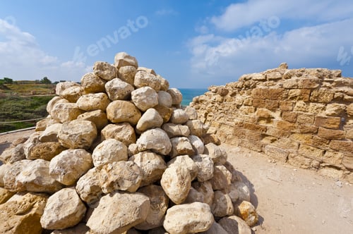 Preview: Ruins Of The Crusader Fortress Of The City Arsour In Israel. Ballista Stones Near The Inner Gate Of