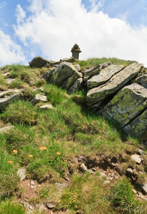 Preview: Stony Post On Summer Mountain Top And Yellow Flower On Slope (Ukraine, Carpathian Mountains)