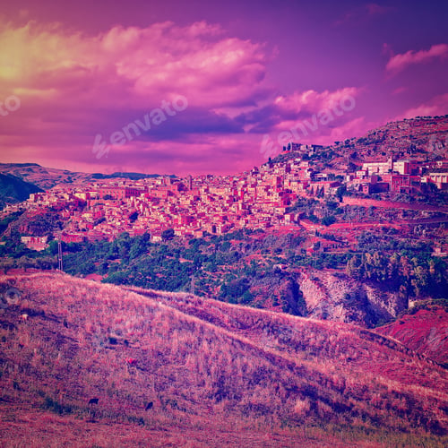 Preview: The Typical Sicilian Medieval Town On The Top Of The Mountain At Sunset, Retro Effect