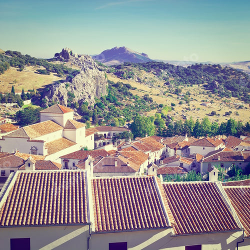 Preview: Aerial View To The Roofs Of White Spanish City Of Grazalema, Instagram Effect