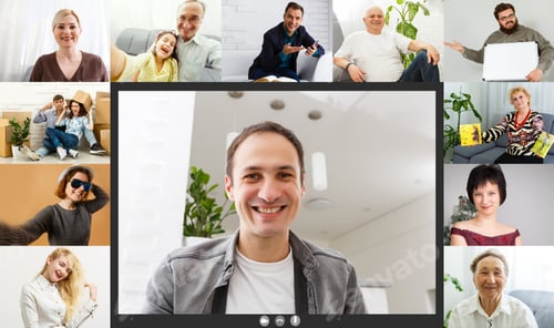 Preview: Headshot Screen Application View Of Diverse Multiracial Employees Have Work Web Conference Using