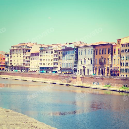 Preview: Embankment Of The River Arno In The Italian City Of Pisa, Retro Effect