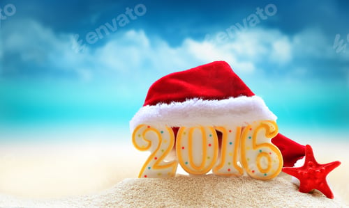Preview: New Year 2016 Sign With Santa Claus Hat On A Summer Beach Sand