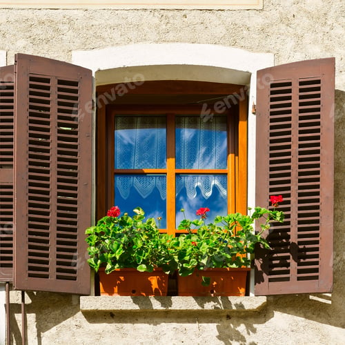 Preview: Italian Window With Open Wooden Shutters, Decorated With Fresh Flowers